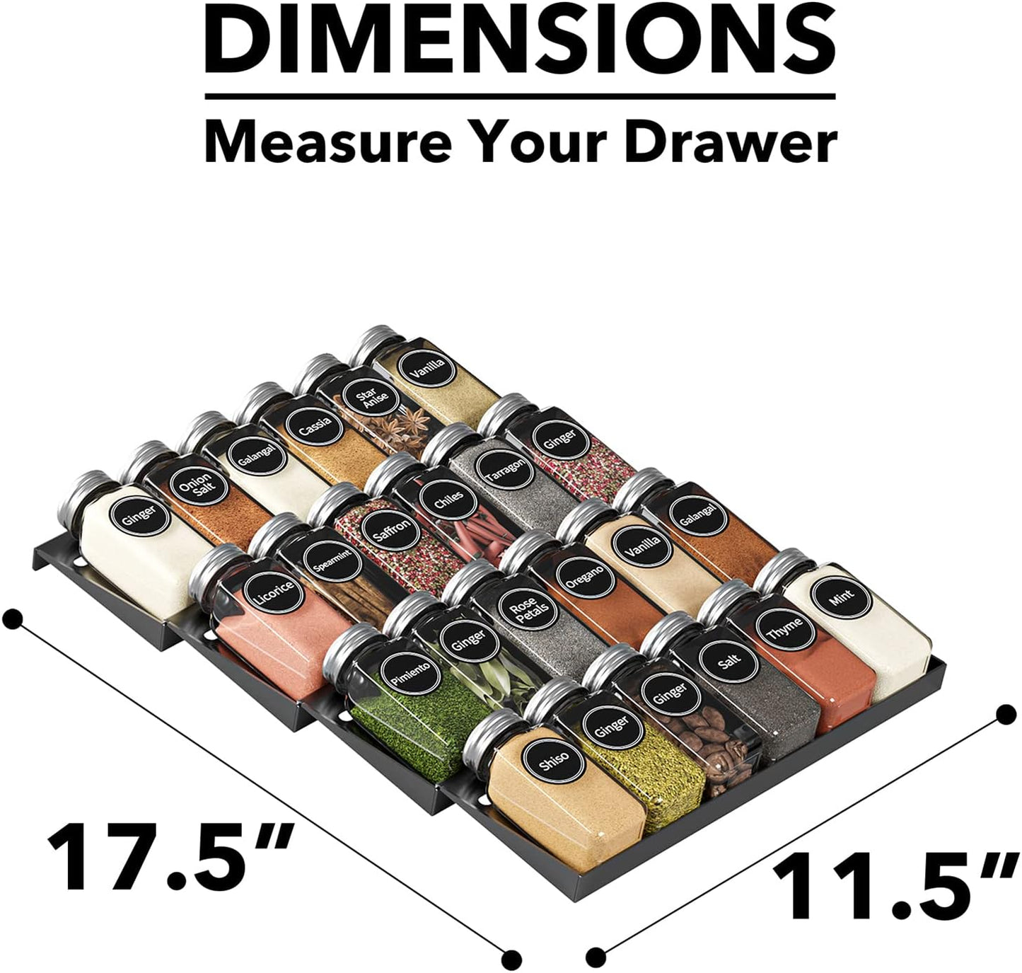 SpaceAid Spice Drawer Organizer with 24 Spice Jars, 386 Spice Labels, 4 Tier Seasoning Rack Tray Insert for Kitchen Drawers, 11.25" Wide x 17.5" Deep