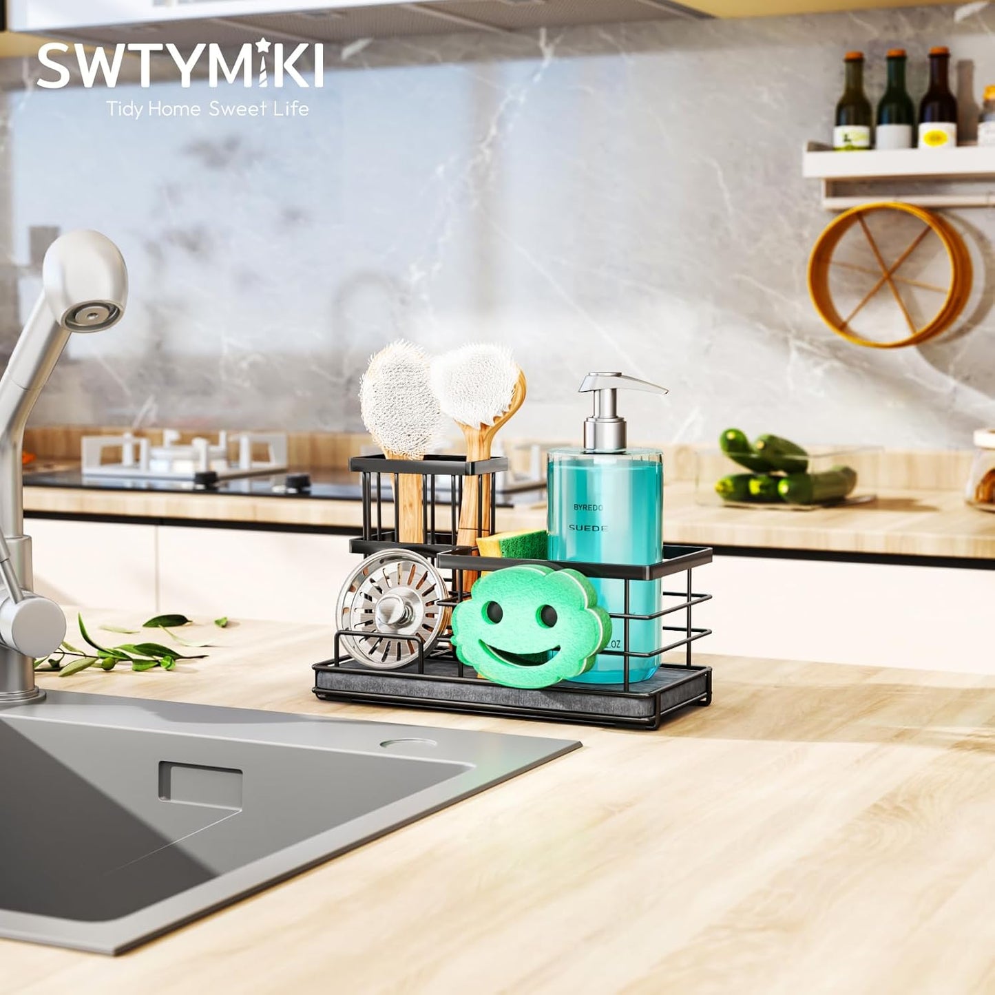 SWTYMIKI Kitchen Sink Caddy Organizer, Quick Dry Smiley Face Sponge Holder with Instant Drying Stone, Large Rustproof Sink Organizer for Kitchen Countertop Organization, Black