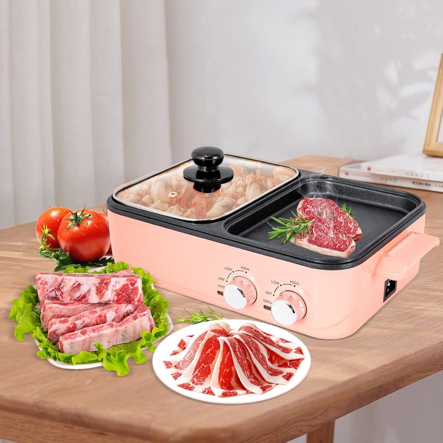 Hot Pot and Grill, 2 In 1 Electric Hot Pot Grill Cooker, Non-Stick Multi-Functional Smokeless Shabu Korean BBQ Pan Indoor with Dual Temperature Control, Capacity for 2-4 People