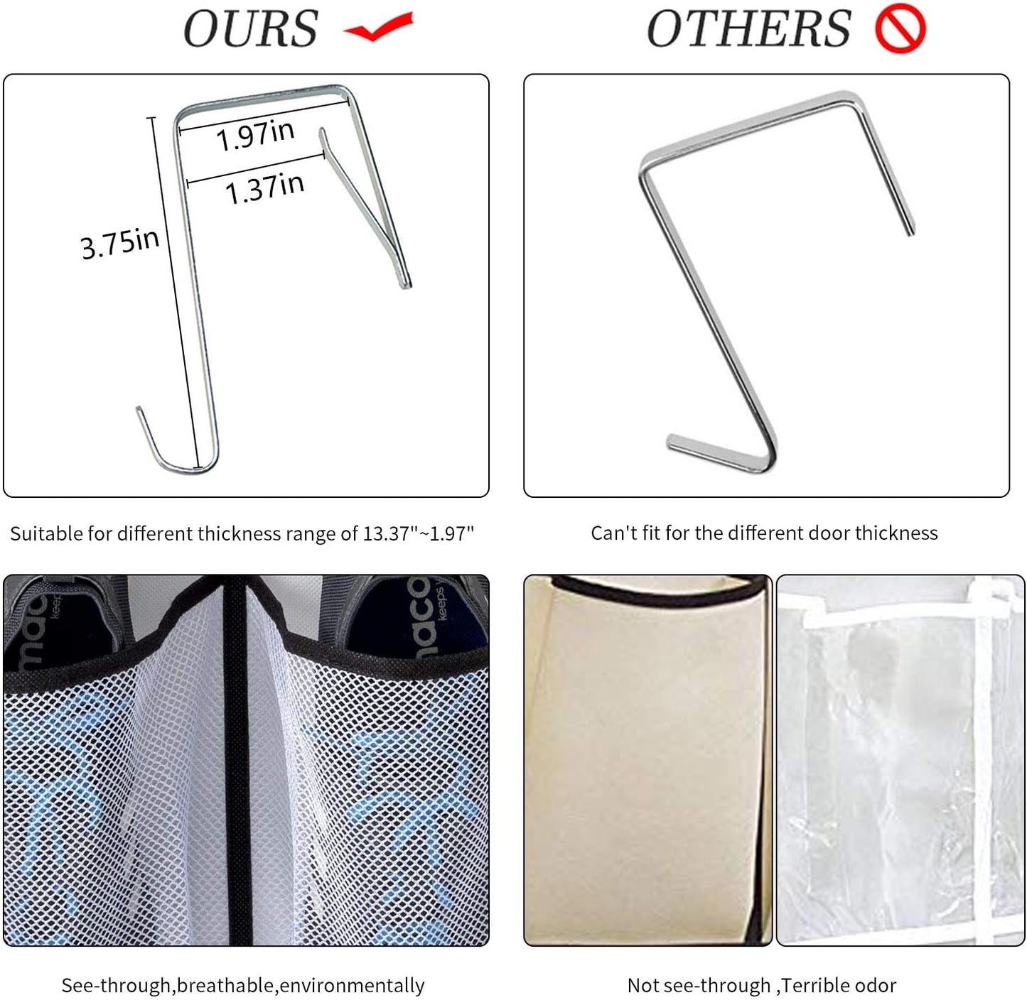 KEEPJOY Over The Door Shoe Organizer 2 Pack,Mesh Pockets Hanging Shoe Rack Over The Door,Shoe Storage Closet with 4 Hooks,Washable and Breathable Fabic,Large Size 57.5×12.6inch(Grey)