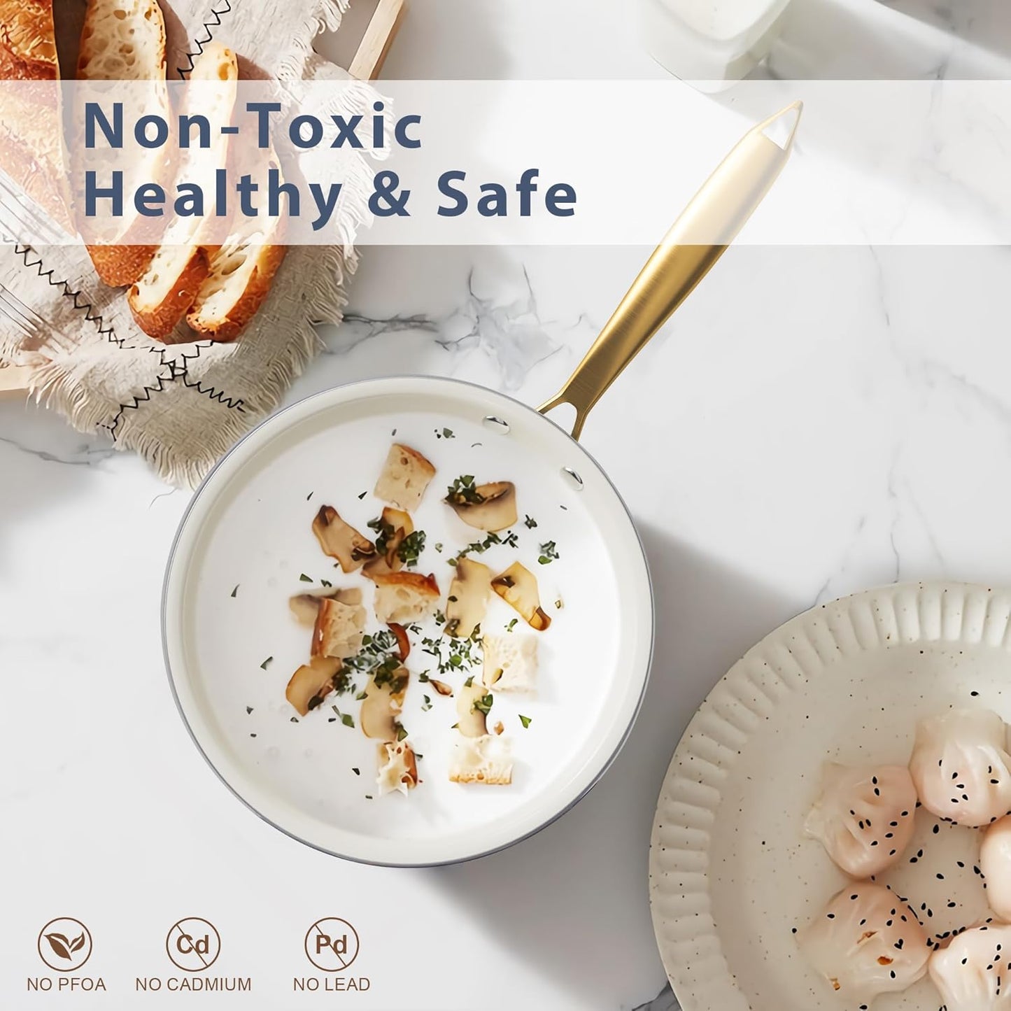 Ceramic Cookware Set, VONIKI 16 Pcs Pots and Pans Set Non Stick, Kitchen Cookware Sets with Cooking Utensils Set, Non Toxic Cookware Set White Gold Pan Set for Cooking Pot Oven & Dishwasher Safe, Gift