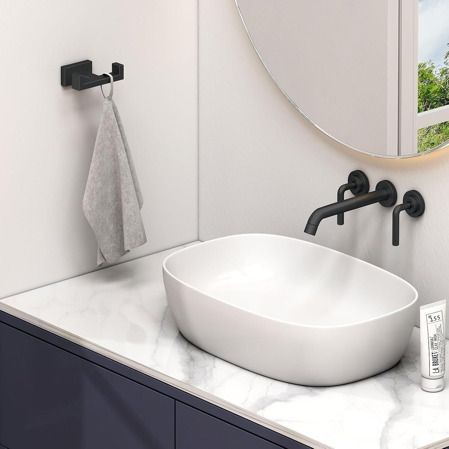 Angle Simple Bathroom Towel Hooks, Stainless Steel Shower Double Robe Coat Hooks for Wall, Matte Black, 2 Pack