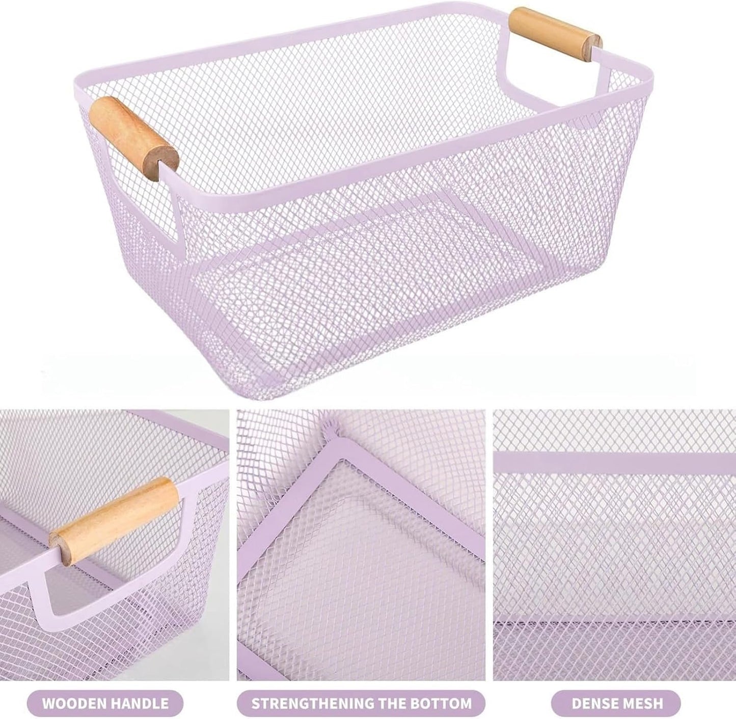 Metal Mesh Steel Basket, Medium Wire Storage Organizer Basket Multi-function Hanging Kitchen Basket with Wood Handle for Kitchen Bathroom Picnic Home, Rectangle-Purple