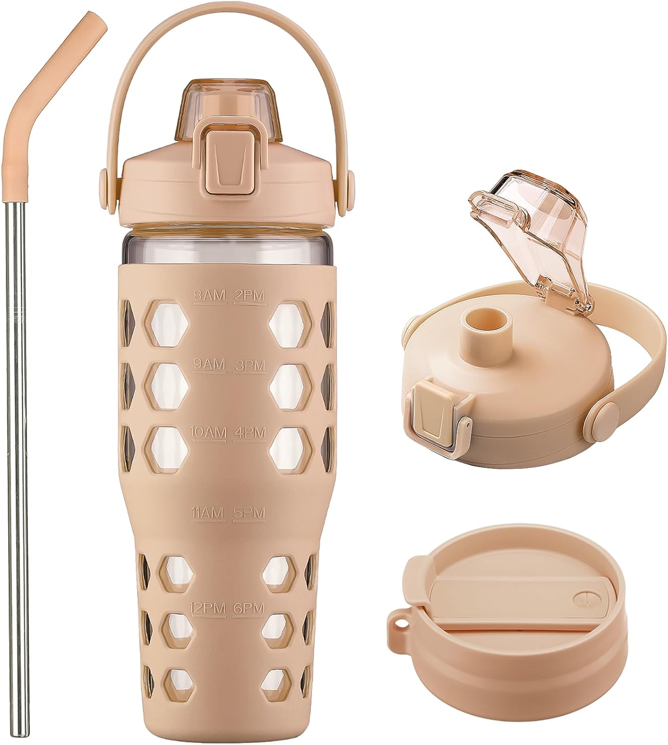 MUKOKO 32 oz Glass Tumbler with Straw,Glass Water Bottles with Time Marker,Iced Coffee Cup with 2 Lids-Handle Spout Lid&Straw Lid,Silicone Sleeve,Leakproof,1 Pack-Amber