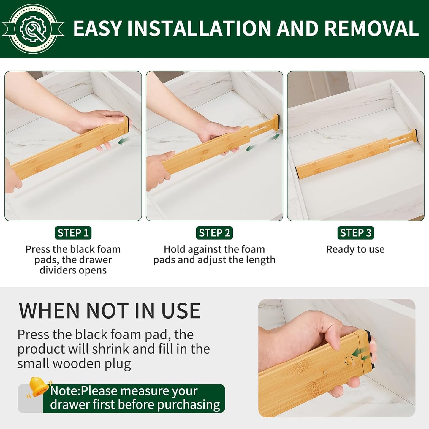 6 Pack Bamboo Drawer Dividers 2.6" High,17-22" Adjustable Spring Loaded Drawer Organizers for Kitchen, Dresser, Bathroom, Bedroom and Office