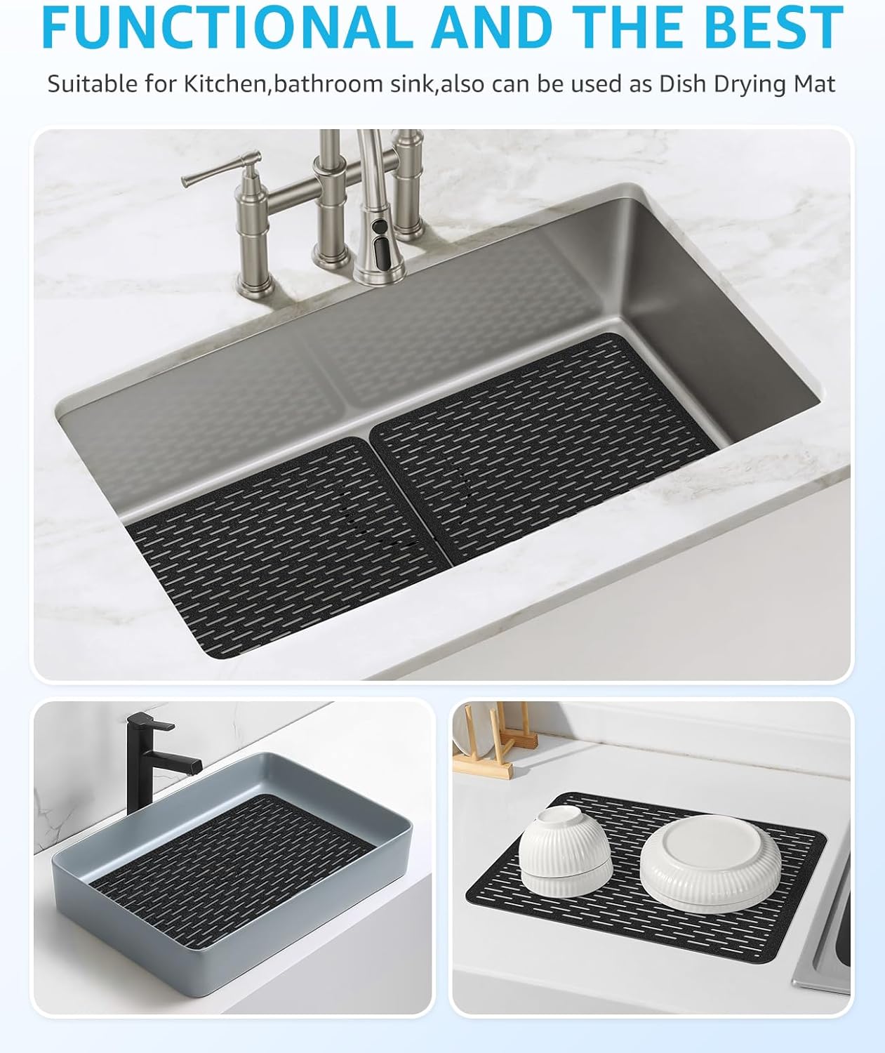 Bligli Mesh Sink Mat, 15.7 x 11.8inch Sink Prtector Mats for Kitchen Sinks, PVC Eco-Friendly Sink Protectors for Bottom of Sink, Fast Draining, Easy Cleaning, Black