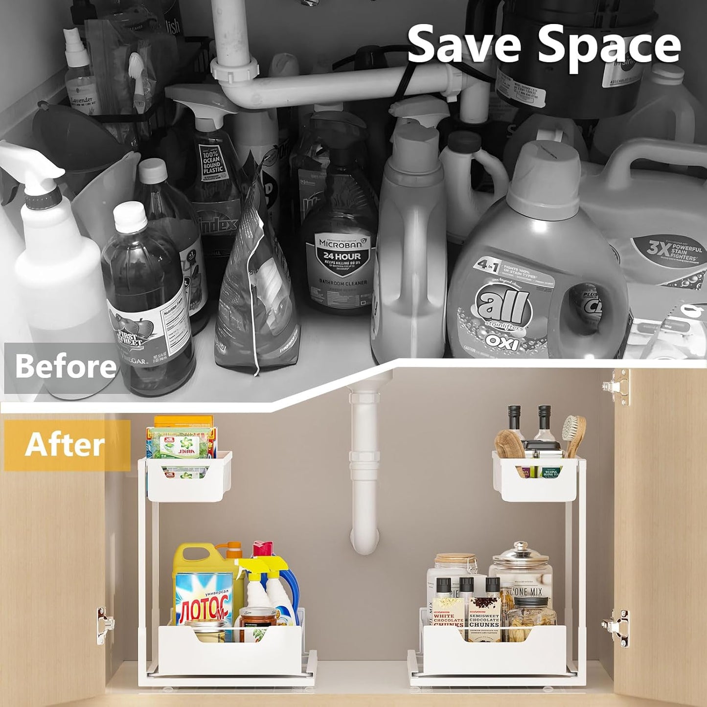 Under Kitchen Sink Organizers and Storage Pull Out 2 Tier Metal Bathroom Cabinet Organizer (White, 1 Pack)