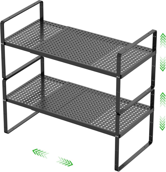 Expandable Cabinet Storage Shelf Stackable Organizer Rack for Kitchen Bathroom Pantry Spice Cupboard Coffee Countertop Home Office Desk Heavy Duty Nonslip Black Large 2 Packs