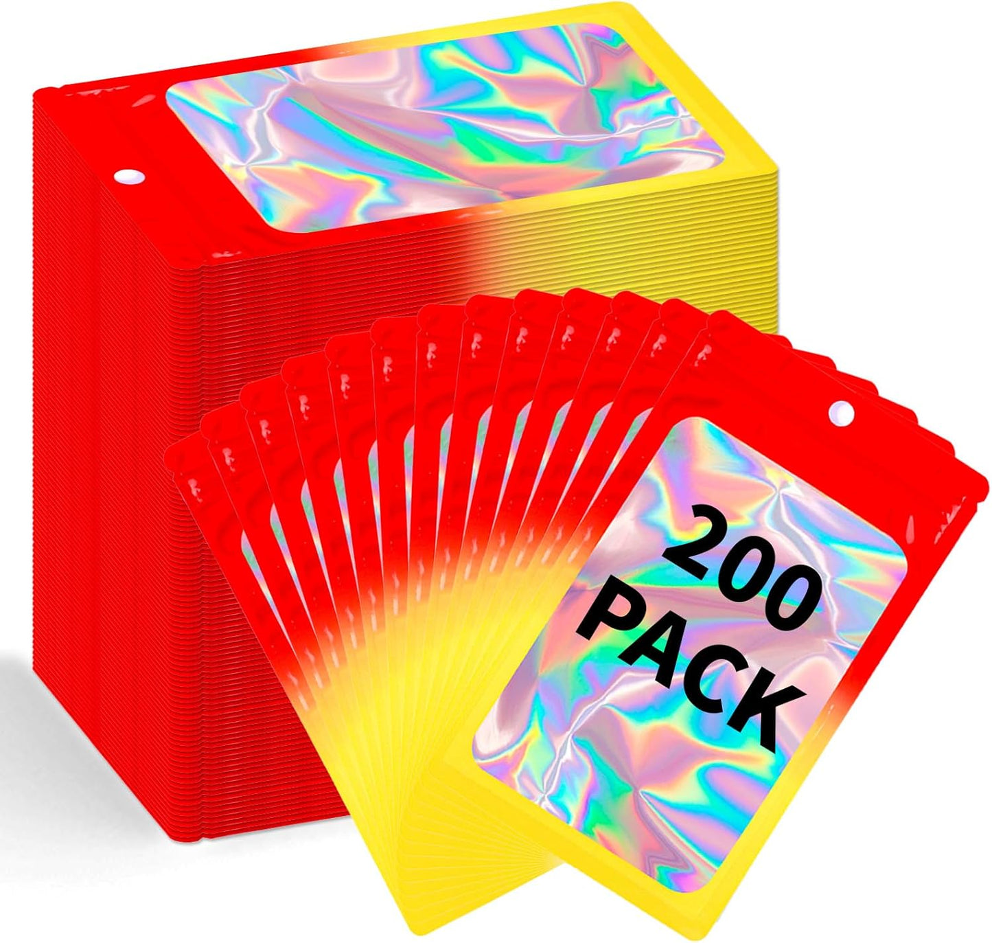 200 Pack Resealable Mylar Holographic Bags Food Storage Smell Proof Bags with Front Window Foil Packaging Pouch for Candy Sample Jewelry Small Business 3.15×5.51 Inch, Red Fade Yellow