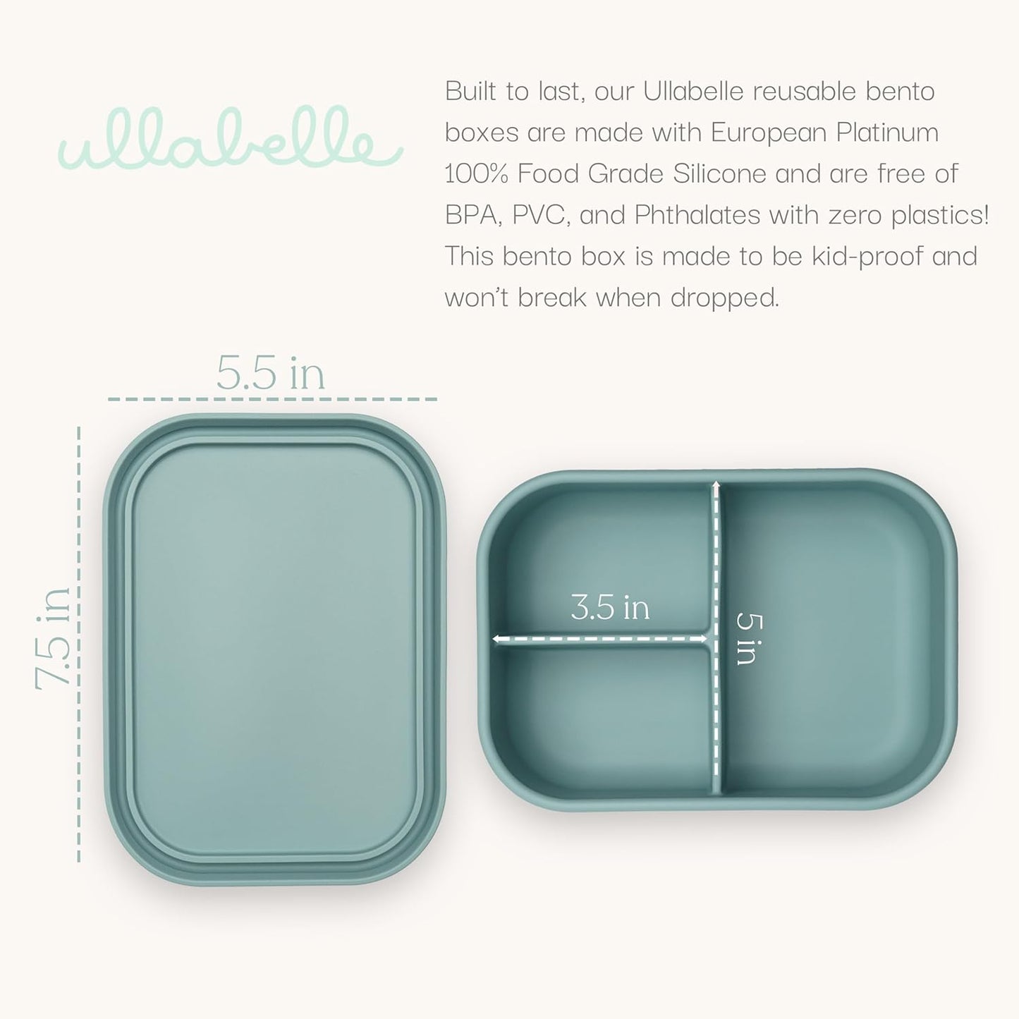 Ullabelle Leak Proof Bento Box Food-Grade Silicone Bento, BPA, Phthalate, Lead, & PVC Free - Bento Lunch Box for Daycare, Kids, & Adults - Leak Resistant Sets With Lids Snack Box Container (Beige)