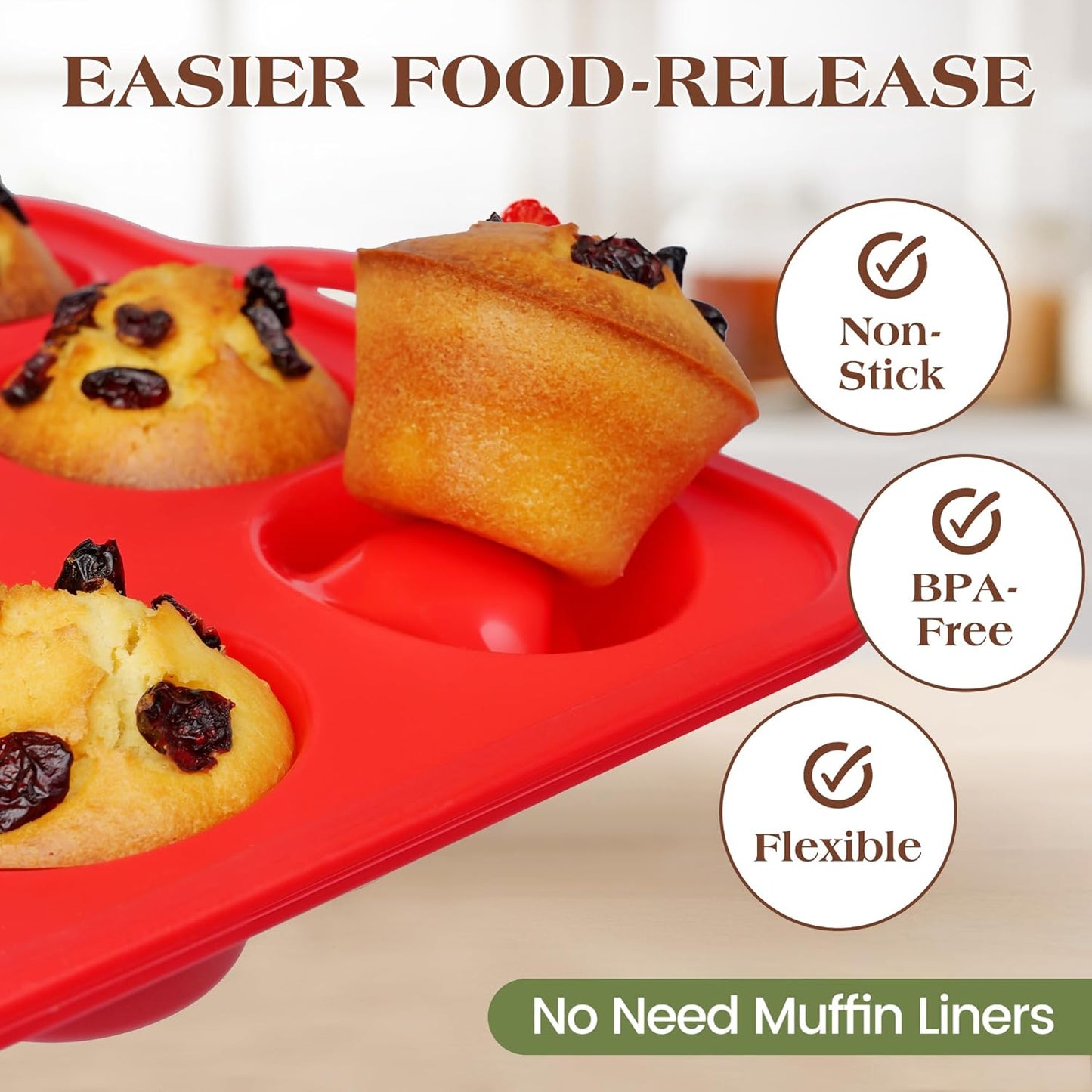 Silicone Muffin Pan for Baking 12 Cup Nonstick Cupcake Pan Small Silicone Cupcake Mold with Metal Reinforced Frame BPA Free (1 Pc, Red)