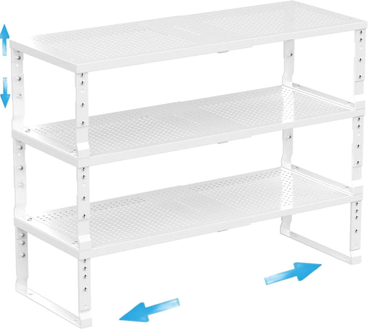 Expandable Spice Rack Kitchen Cabinet Shelf Organizer, Stackable Storage Shelves Racks, Adjustable Counter Shelving for Cabinets, Countertop, Cupboard,Pantry and More(3Packs/White/Medium)