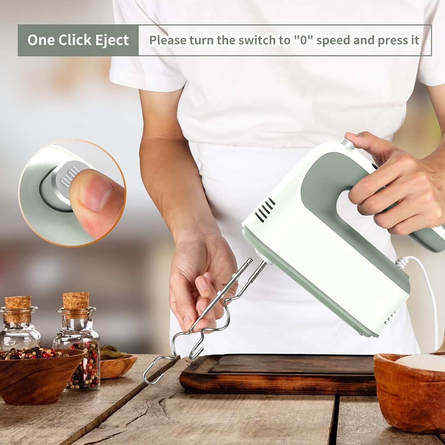 9-Speed Digital Hand Mixer Electric, 400W DC Motor, Hand Mixer electric Handheld with Snap-On Storage Case, Touch Button, Turbo Boost, 5x Stainless Steel Accessories (Light Green)