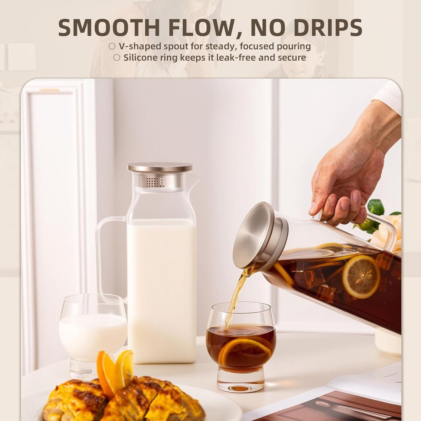 2 Pack Square Glass Water Pitcher with Lid and Spout, 2L/68oz Heat Resistant Borosilicate Glass Carafe, Temperature Safe