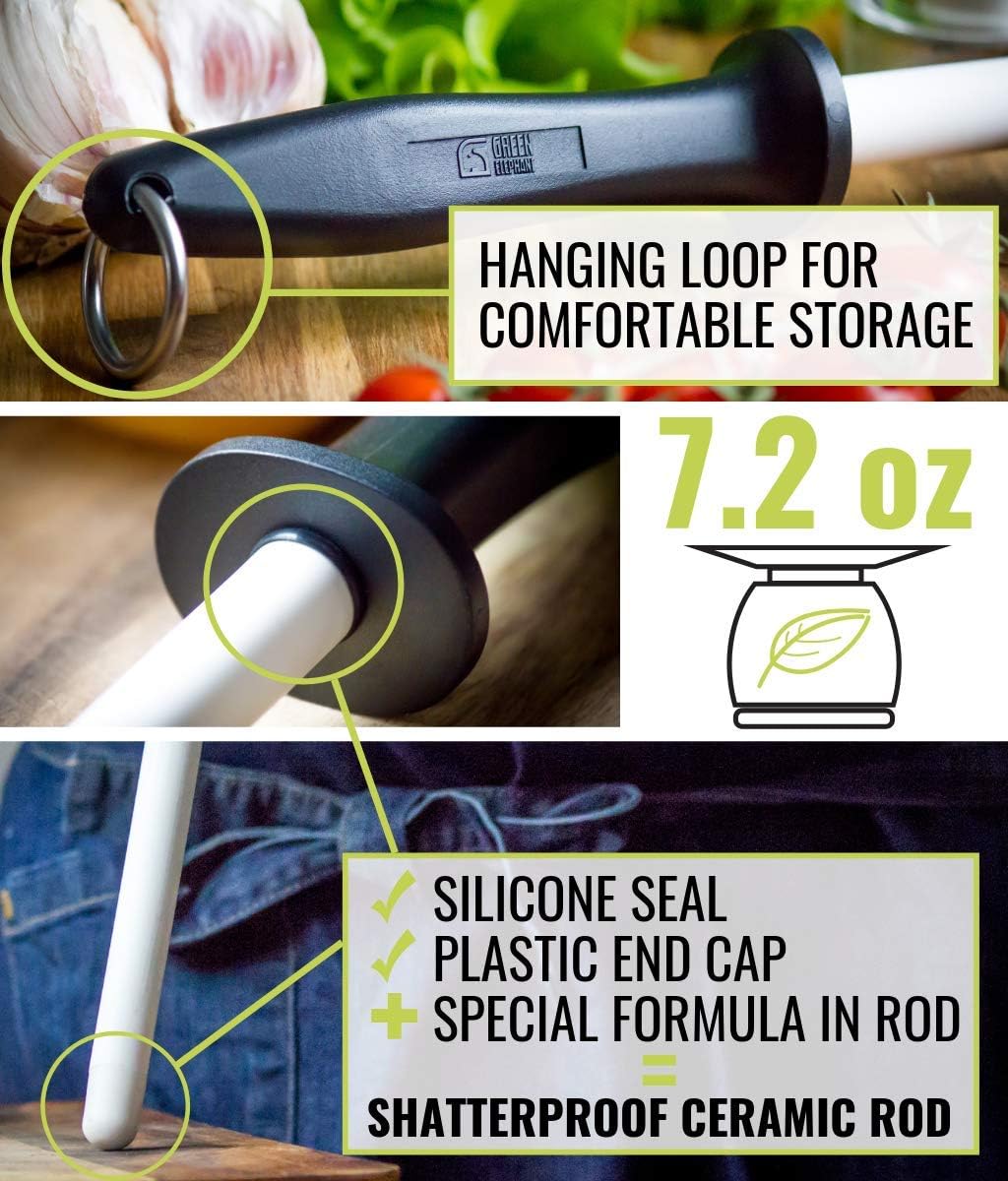 Green Elephant Ceramic Sharpening Rod, Lightweight & Highly Durable 11-Inch Shatterproof Ceramic Honing Rod For Professional Chefs and Home Cooks