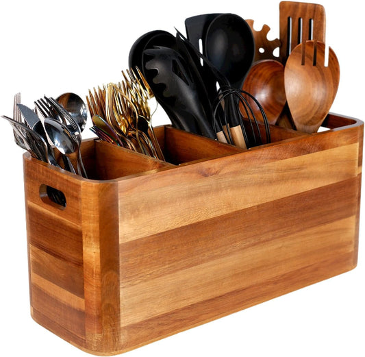 Wooden Kitchen Utensil Holder Organizer for Counter or Countertop, Large Wooden Utensil Holder for Storage Cooking and Silverware with 4 Compartment, Acacia Rustic Wood Container Extra Large