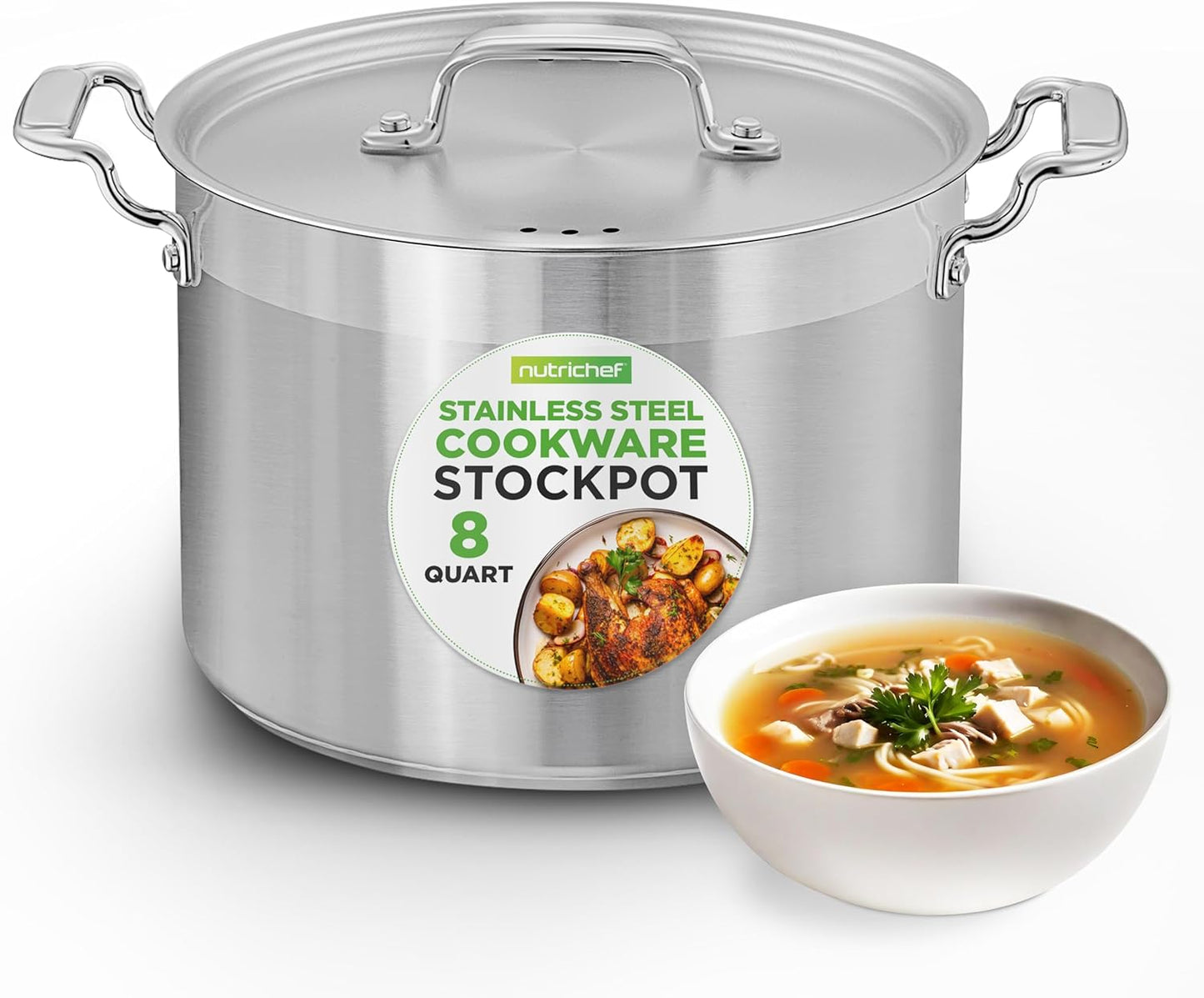NutriChef 8 Qt Heavy-Duty Stockpot with Stainless Steel Lid - Induction Compatible Cooking Pot, Ideal for Soups and Stews