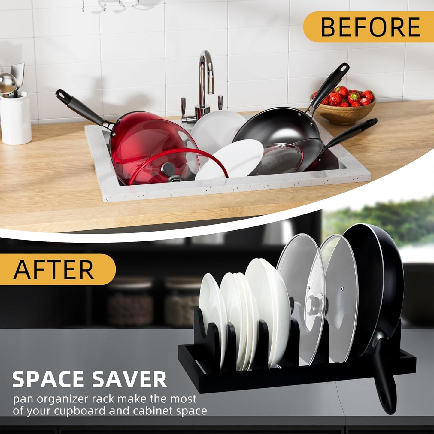 MinBoo Bamboo Pot Lid Organizer Pot Lid Holder, Pot and Pan Organizer Drawer Organizer for Pot Lids, Pans, Cutting Boards & Baking Sheets, Dinner Plates, Reusable Containers in Cabinet Storage,Black