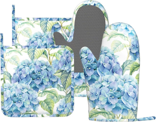 Blue Hydrangea Flowers Watercolor Oven Mitts Pot Holders Set Silicone Kitchen Oven Mitts Heat Resistant Potholders Non-Slip 4pcs Hot Pads and Oven Gloves Sets for Baking,Cooking,BBQ,Grilling