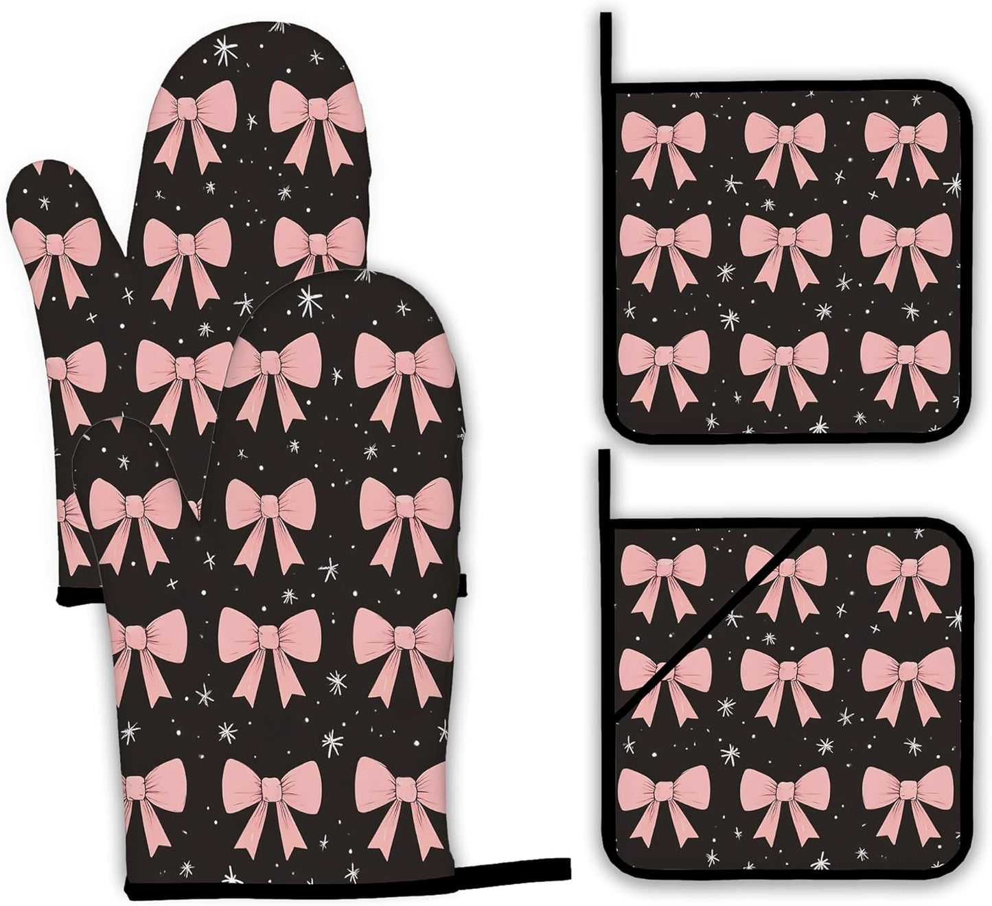 Cute Pink Bow Oven Mitts and Pot Holders,Heat Resistant Oven Mitts Gloves and Pot Holder for Home Kitchen Decorations Cooking Baking BBQ Gifts,Set of 4