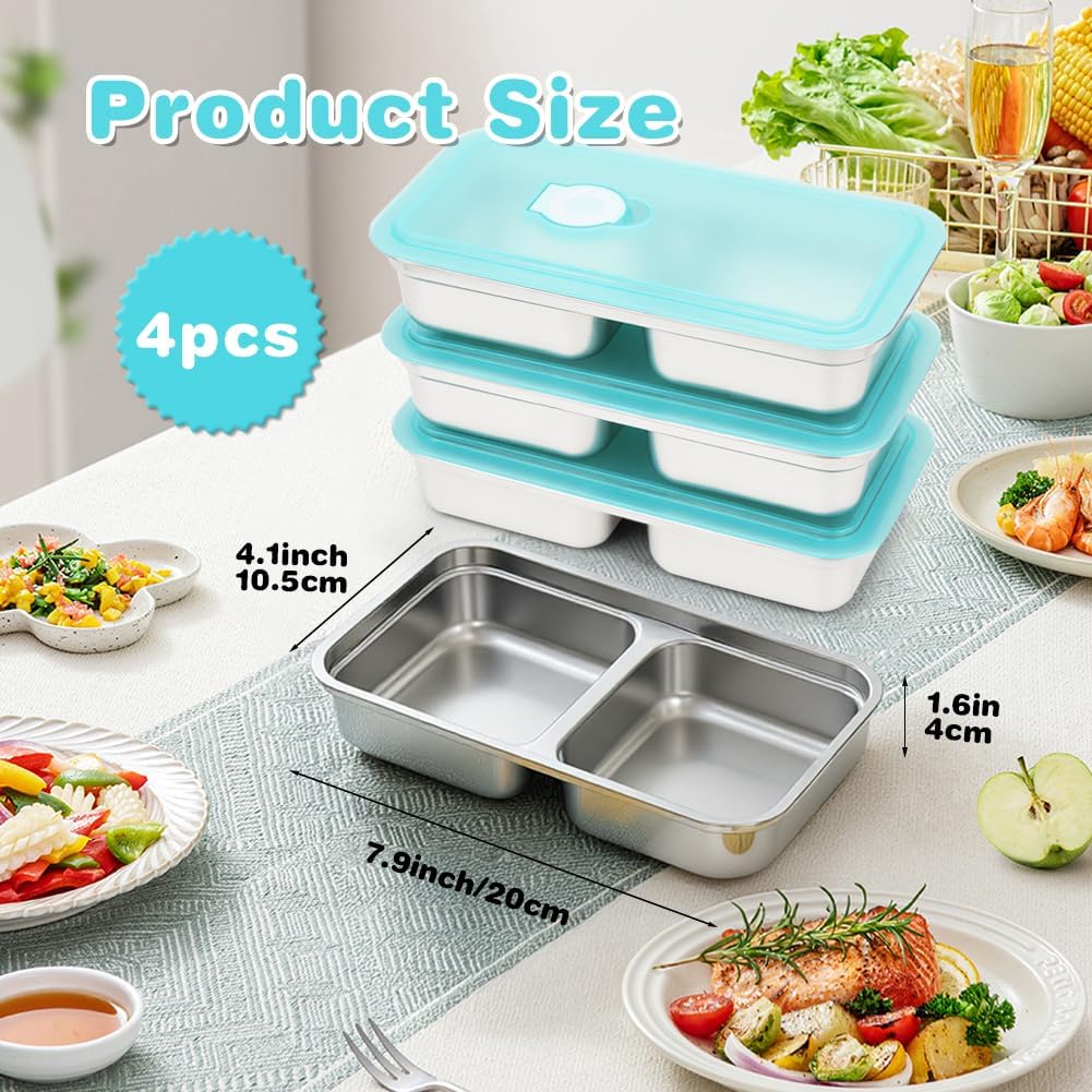 YQL 4 Pack Stainless Steel Snack Containers with Lids, Double Compartment Food Storage Boxes for Lunch Prep, Reusable Leakproof Bento Snack Boxes for Travel, Office, Camping