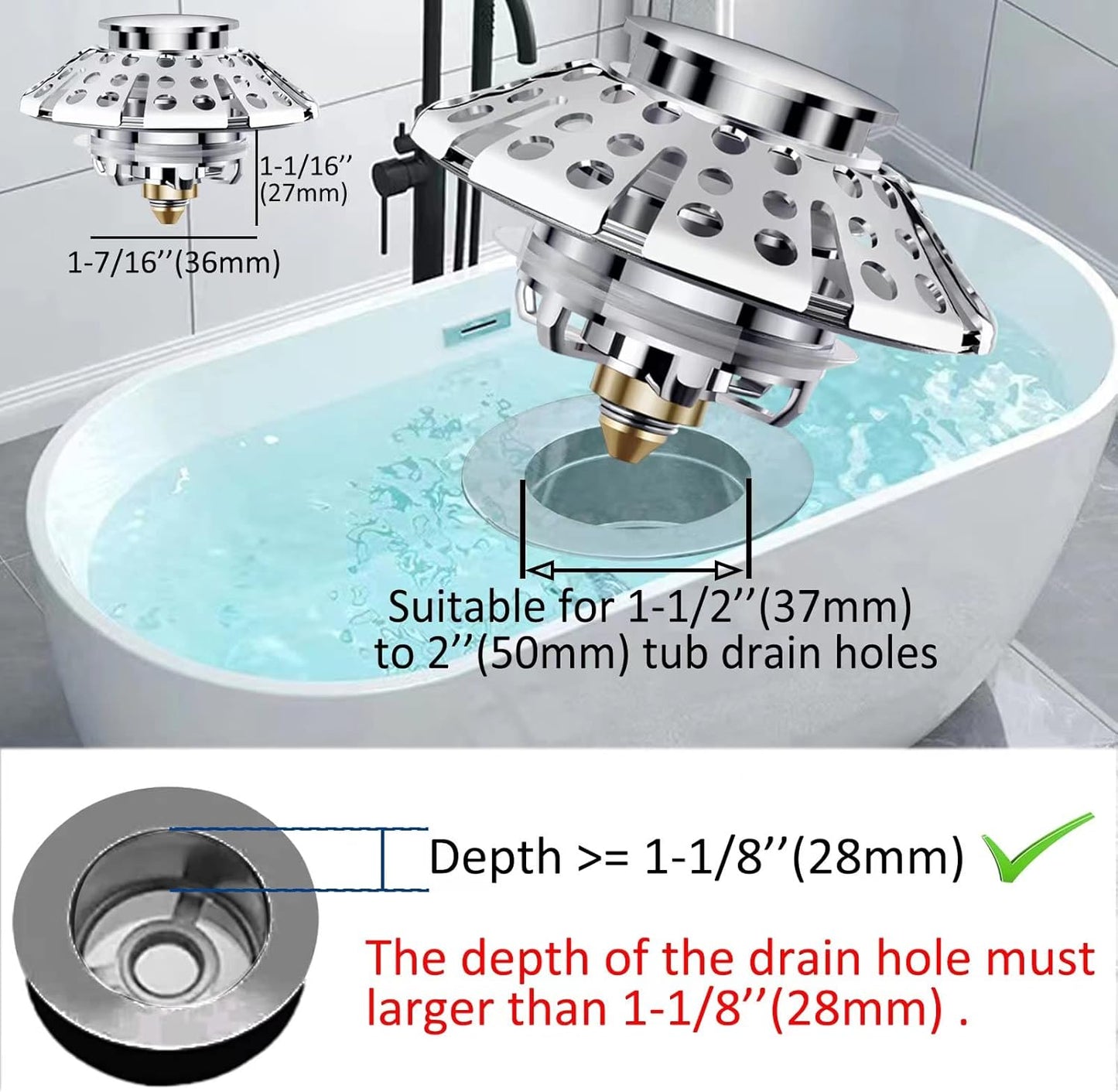 Universal Tub Stopper Bathtub Drain Plug, Pop Up Tub Drain Hair Catcher, Drain Cover with Strainer, for 1-3/8 to 2in Bath Drain Hole