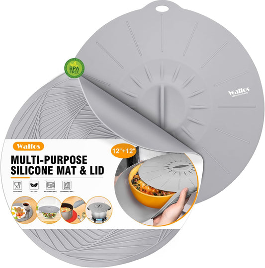 Walfos Silicone Microwave Mat & Lid Set, Heat Resistant Multi-Purpose Trivet Mat and Seal Lids, Non-Slip and BPA Free, Perfect for Oven and Hot Pan