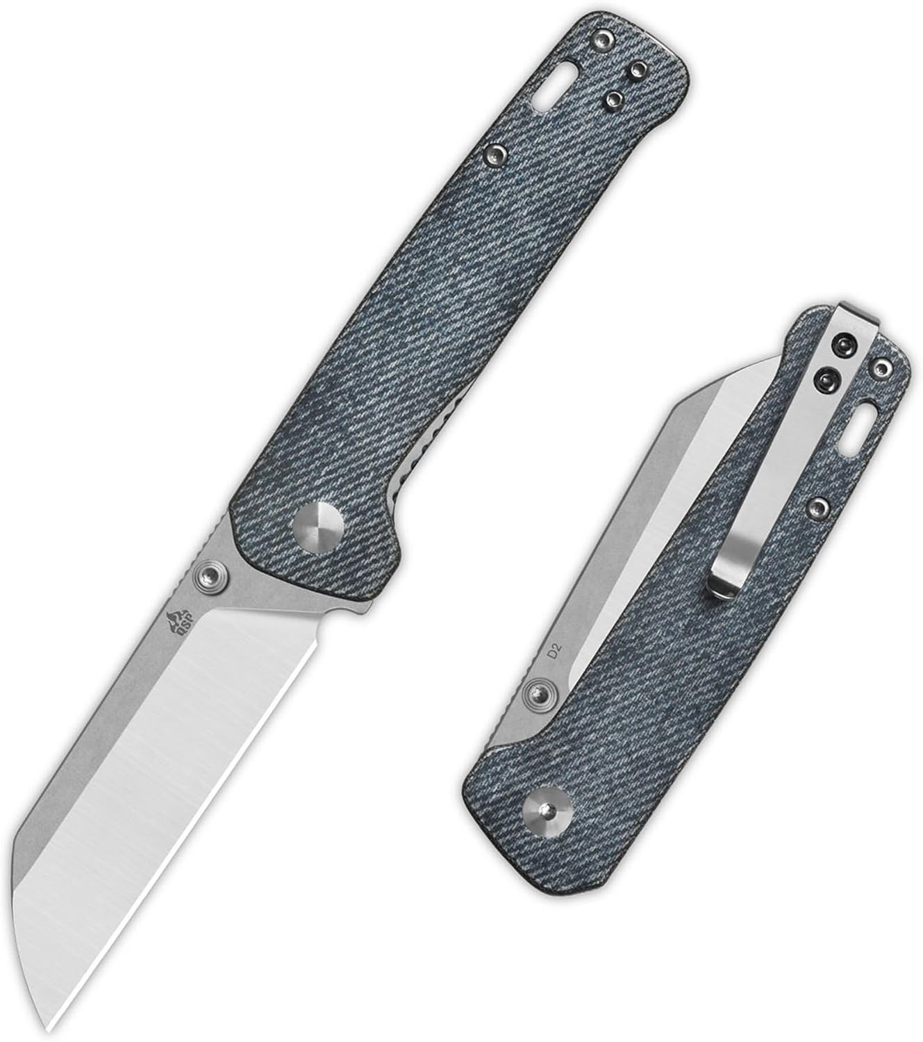QSP Penguin V2 Folding Pocket Knife, 3.06" D2 Two Tone Finish Stonewash Satin Blade EDC Knife, Denim Micarta Handle, Liner Lock, Ceramic Ball Bearings, Reversible SS Deep Carry Clip