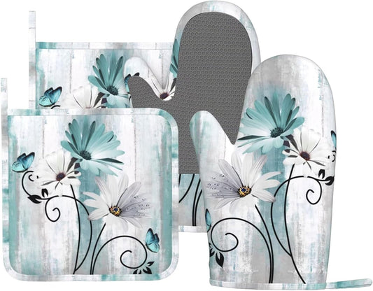 Teal Daisy Oven Mitts Pot Holders Set Silicone Heat Resistant Farm Teal Daisy Floral Flowers and Butterfly Oven Mitts and Hot Pads Potholders Non-Slip Oven Gloves for BBQ
