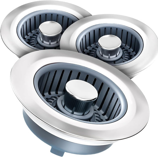 Kitchen Sink Drain Strainer & Sink Stopper, Upgraded 3 in 1 Stainless Steel Drain Plug Combo with Anti-Clog Basket, Pop Up Drain Cover for Standard 3-1/2'', Fits Double Bowl Kitchen Sinks