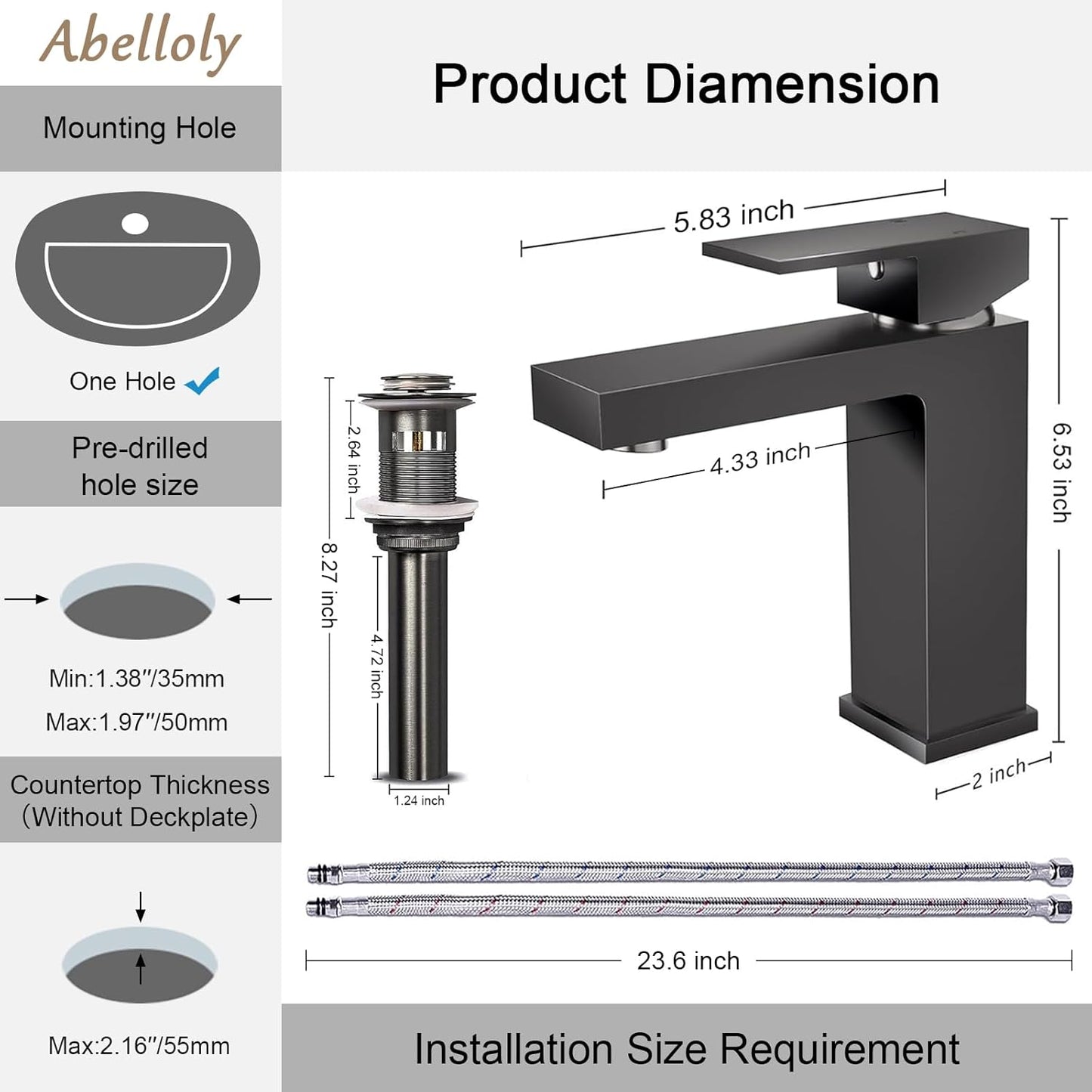 Solid Brass Brushed Grey 1 Hole Bathroom Faucet, cUPC & CEC Certified Single Hole Faucet for Bathroom Sink with Water Supply Hoses & Pop Up Drain Stopper