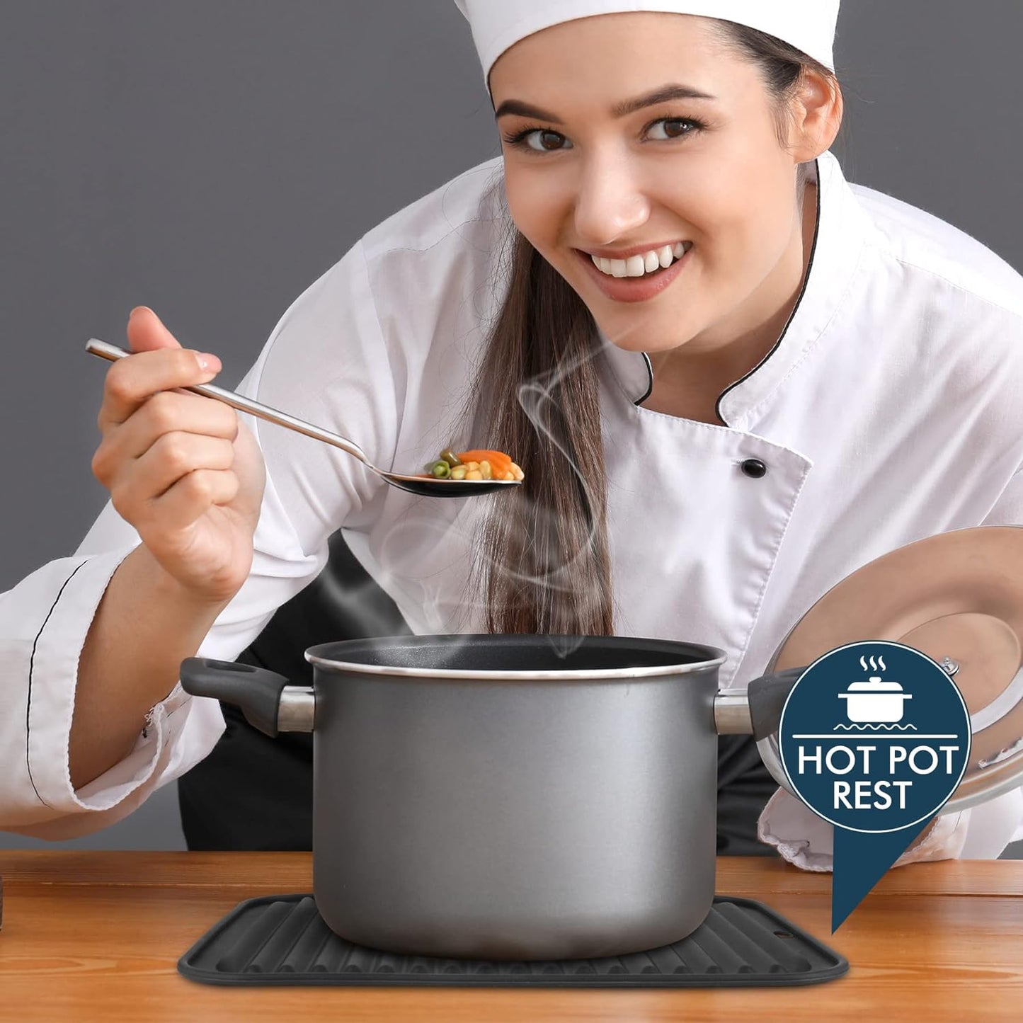 HOTEC BPA Free Silicone Trivets for Hot pots and Pans, 446℉ Heat Resistant for Kitchen Counter Dish Drying Mat, Set of 2 Dark Grey