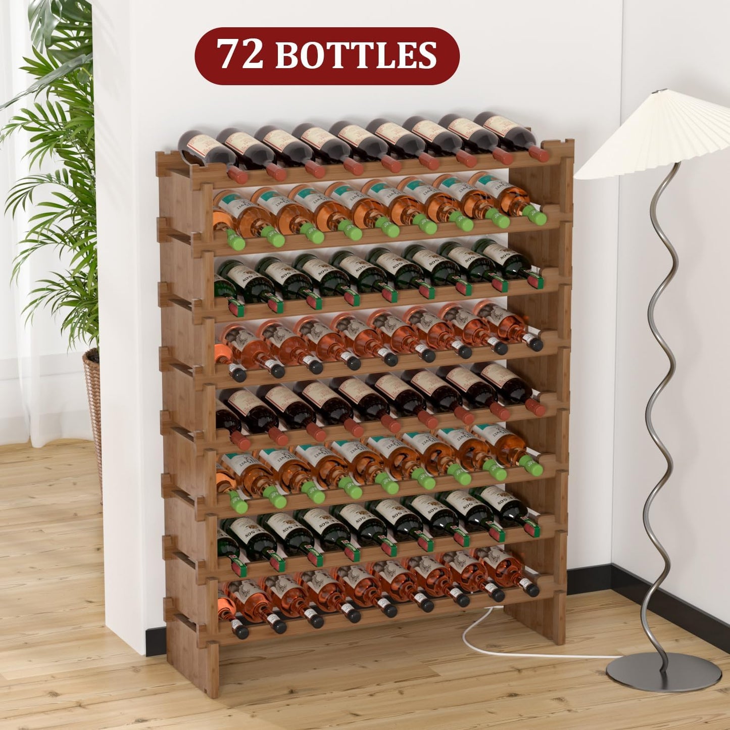 Domax Wine Rack Freestanding Floor - 72 Wine Bottle Holder 8 Tier Stackable Bamboo Wooden Storage Racks for Kitchen, Bar, Pantry and Cellar (Walnut)