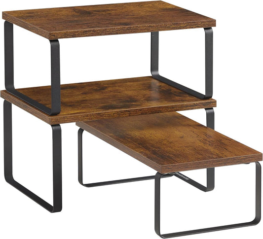 SONGMICS Cabinet Organizer Shelf, Set of 3 Kitchen Counter Shelves, Kitchen Storage, Spice Rack, Stackable, Expandable, Rustic Brown and Matte Black UKCS220K02