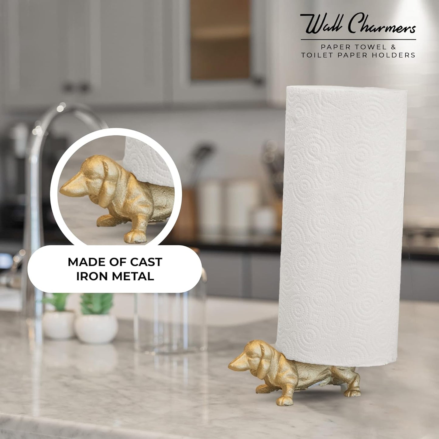 WallCharmers Gold Paper Towel Holder, Metal Toilet or Kitchen Paper Holder for Floor or Countertop, Gold Dog