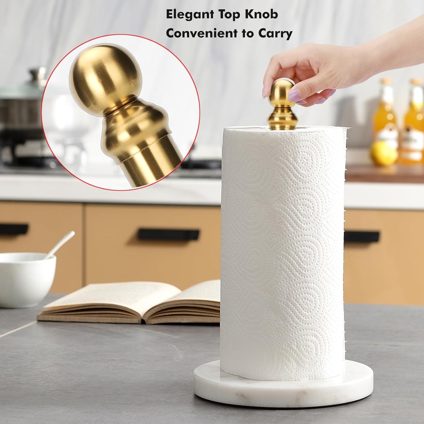 Gold Paper Towel Holder Countertop, Standing Paper Towel Roll Holder for Kitchen Bathroom, with Weighted Base for One-Handed Operation
