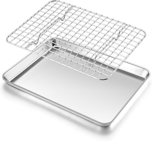 Homikit Cookie Sheet with Rack, 10 x 8 Inch Stainless Steel Small Baking Sheet with Wire Rack Set for Baking Roasting Cooling, Small Toaster Oven Pan Bacon Tray, Non-Toxic & Dishwasher Safe
