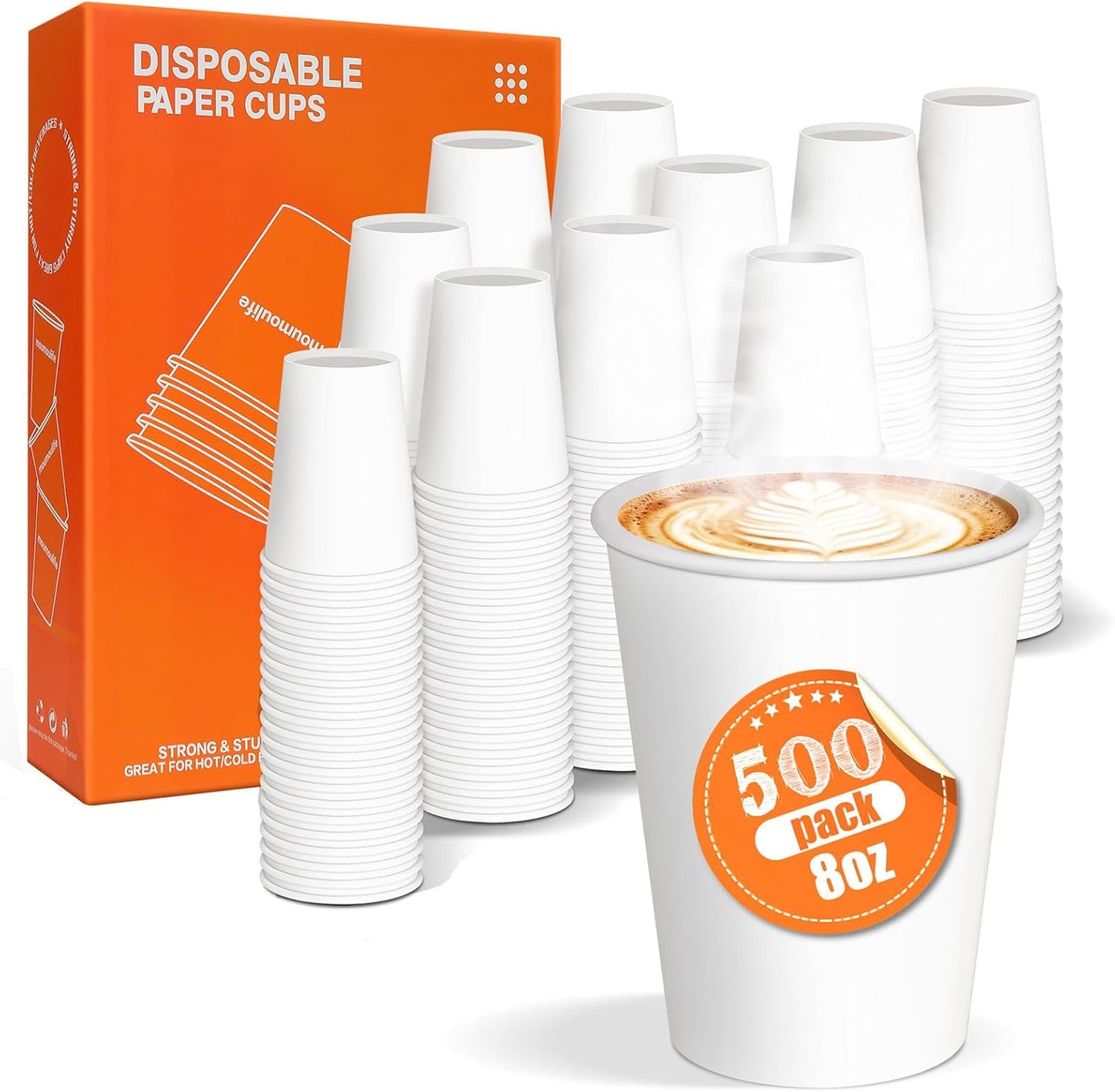 Paper Cups 8 oz 500 Count Bulk - Disposable Coffee Cups 8 oz Hot Cups, Leak Proof & Food Safe (For Office, Travel)