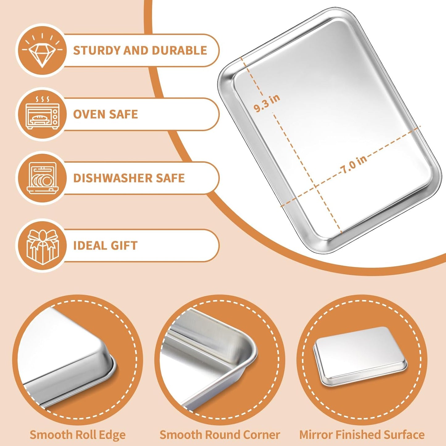 Stainless Steel Baking Sheet Set of 2, Deedro Cookie Sheet Metal Baking Pan Oven Tray, Non Toxic & Heavy Duty, Rust Free & Mirror Finish, Easy Clean & Dishwasher Safe, 9 x 7 x 1 Inch