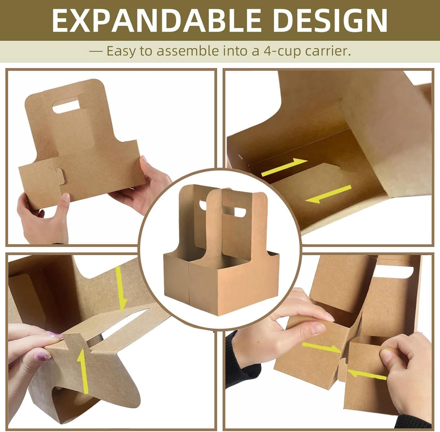 50PCS 2 Cup Disposable Drink Carrier with Handle, Floral Wrap Packing Gift Box, Portable Take Out Cup Carriers for Delivery Coffee Beverage, Kraft Paperboard Cup Holder for Hot or Cold Drinks