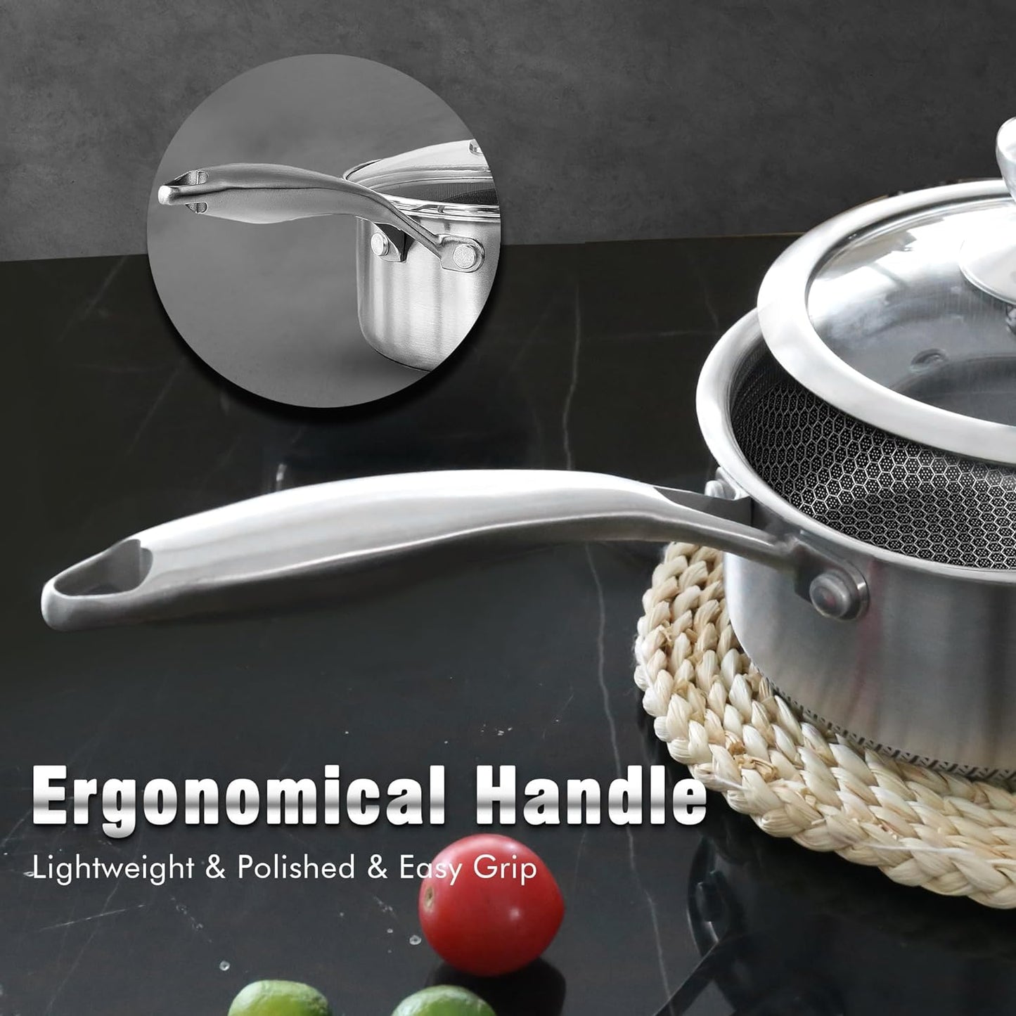 AuFranc™ Hybrid Nonstick 1 Quart Stainless Steel Saucepan with Glass Lid, Induction Sauce Pan with Honeycomb Carving, Non-stick Sauce Pot Compatible with All Cooktops, Dishwasher Safe, Non-Toxic