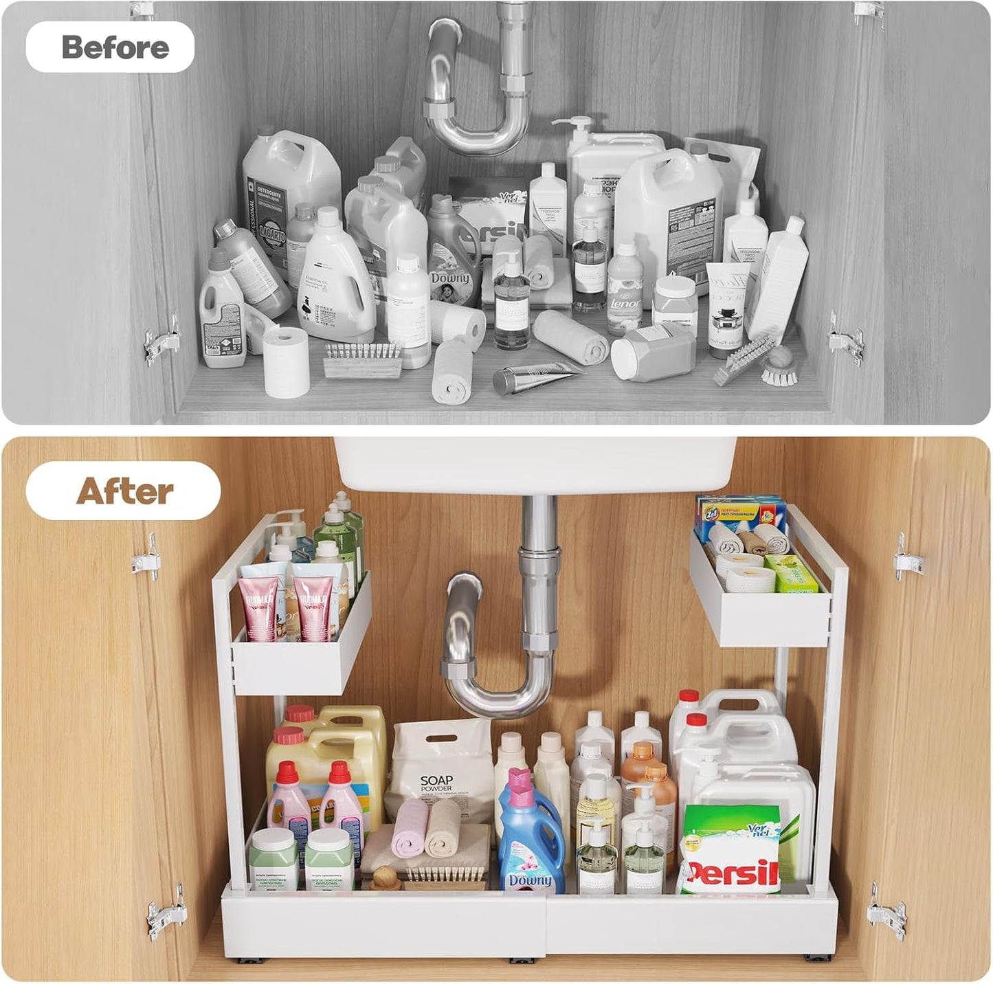 Expandable Under Sink Organizer with 3 Ball-Bearing Slide Rails, 2-Tier Pull-Out Under Cabinet Storage Shelf for Kitchen & Bathroom, Height-Adjustable Slide-Out Cabinet Drawer （White, 1-Pack）