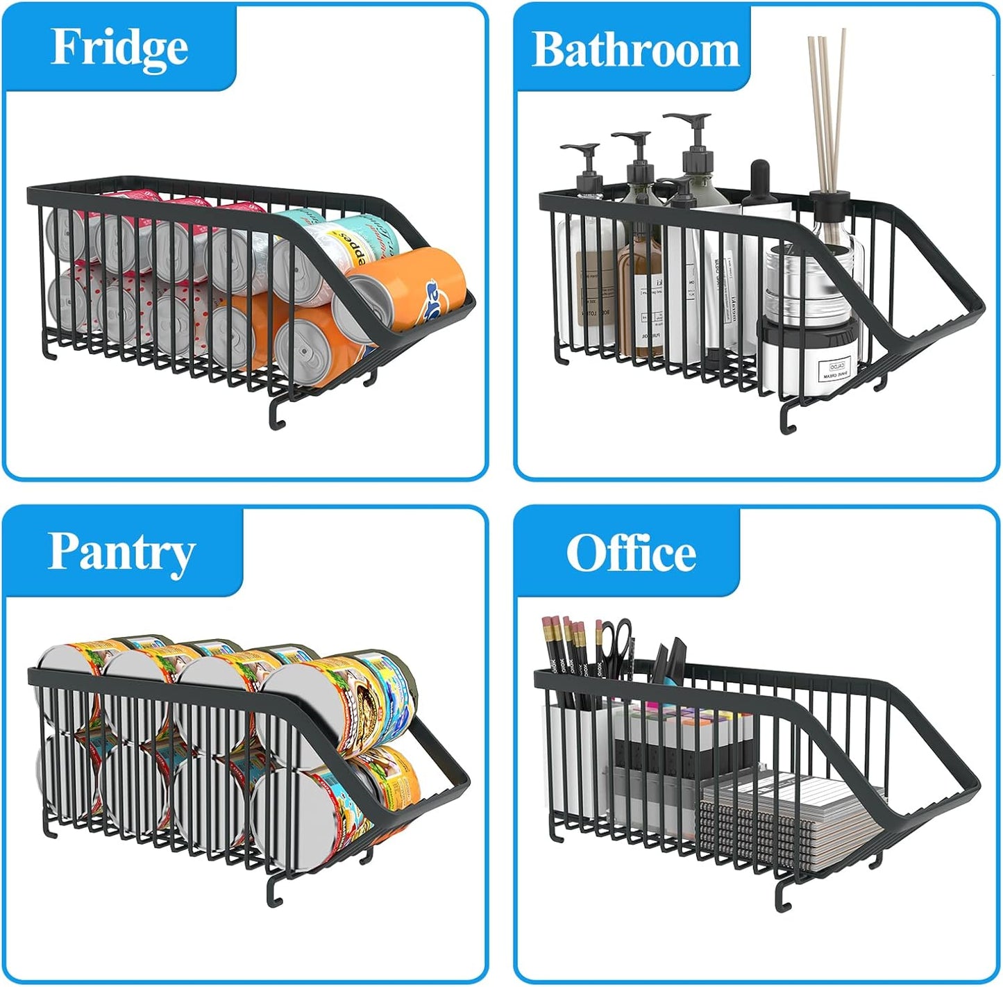 GILLAS 6 Pack Stackable Soda Can Organizer for Refrigerator, Can Holder Dispenser, Canned Food Storage Rack for Fridge, Kitchen, Countertops, Cabinets, Black