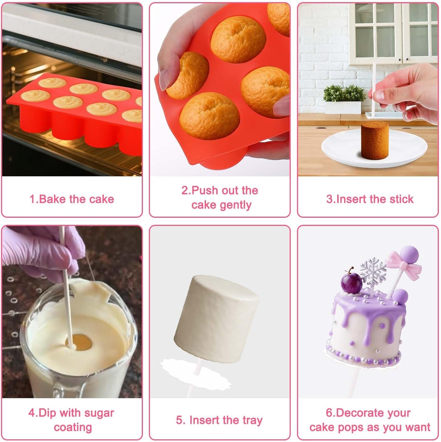 Juome Circle Cake Pop Mold Kit, 8 Cavities Cakesicle Molds Silicone with 100 Sticks & 100 Packaging Bags, Round Cake Pop Maker Supplies Accessories, Baking Tools for Home Baking Desserts