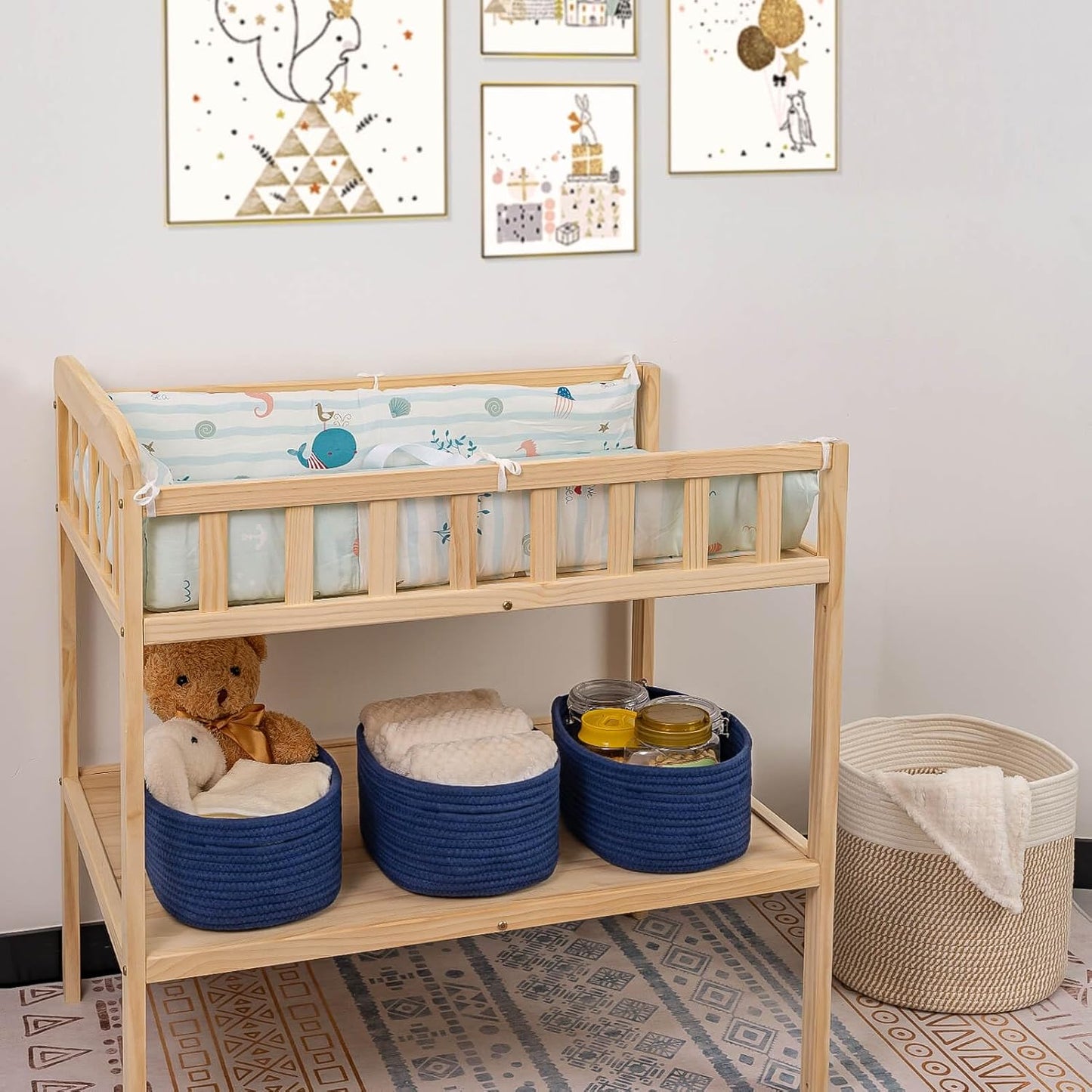 CubesLand Small Storage Baskets for Shelves, Navy Blue Closet Organization Storage Bins Empty Gift Basket 3 Packs Baby Nursery Woven Baskets for Organizing, Rectangular Clothes Closet Shelves Baskets