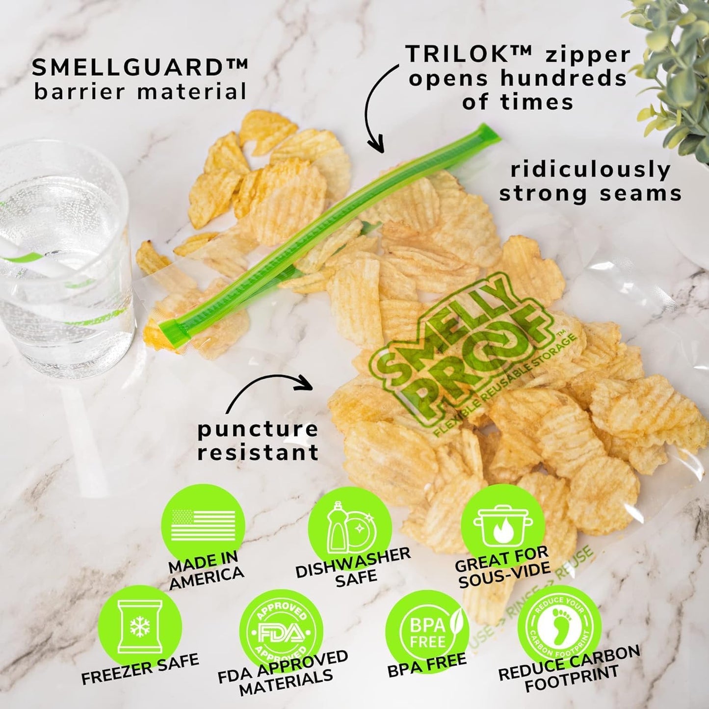 Smelly Proof 50pk Reusable Food Storage Bags - Made in USA, Dishwasher-Safe, BPA FREE, NO PEVA, Clear FLAT Large 3-mil Thick, 8.5" x 10"