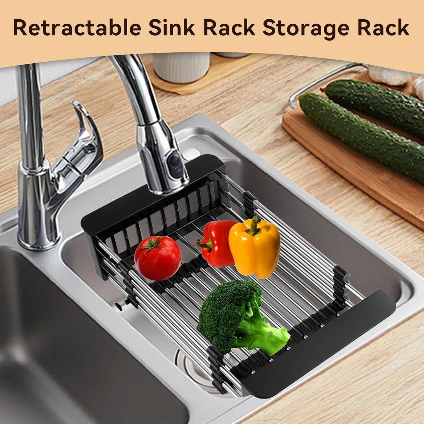 Cyrank Over The Sink Dish Drying Rack, Expandable Over Sink Grill Telescopic Drain Basket Kitchen Rack Drain Basket Sink Drying Rack(L#Black)