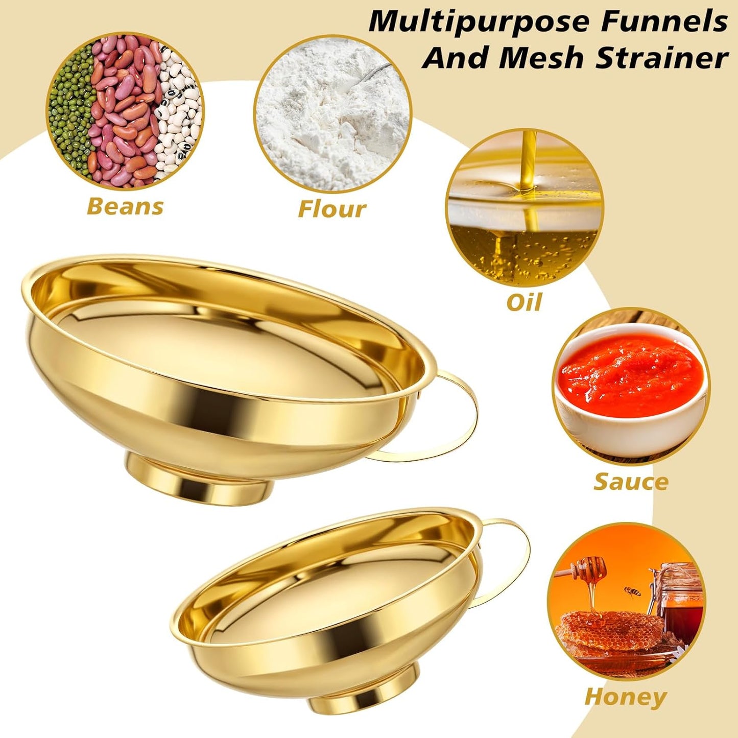 Boao 4 Pieces Stainless Steel Funnels with Fine Mesh Strainer, Household Kitchen Canning Funnels with Stainless Steel Colander (Gold)