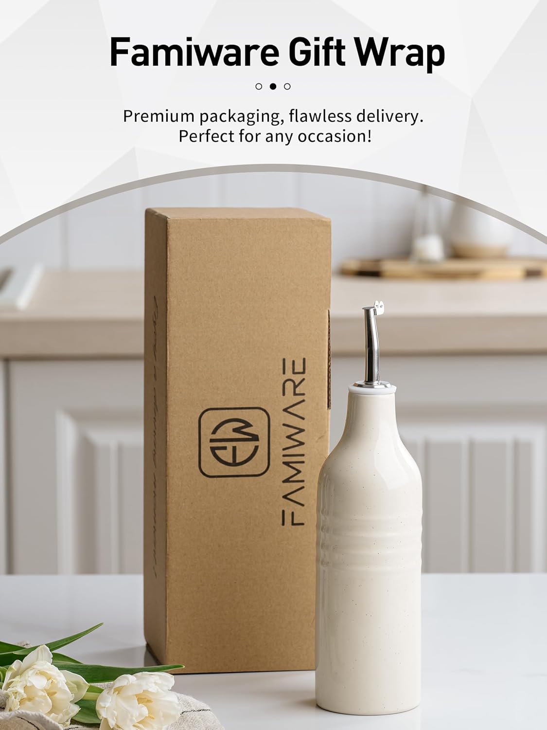 famiware Jupiter 16oz Ceramic Olive Oil Dispenser Bottle, 1 Piece Oil Dispenser for Kitchen with Stainless Steel Pourers, Suitable for Storage Vinegar, Soy Sauce, Coffee Syrup, Vanilla White