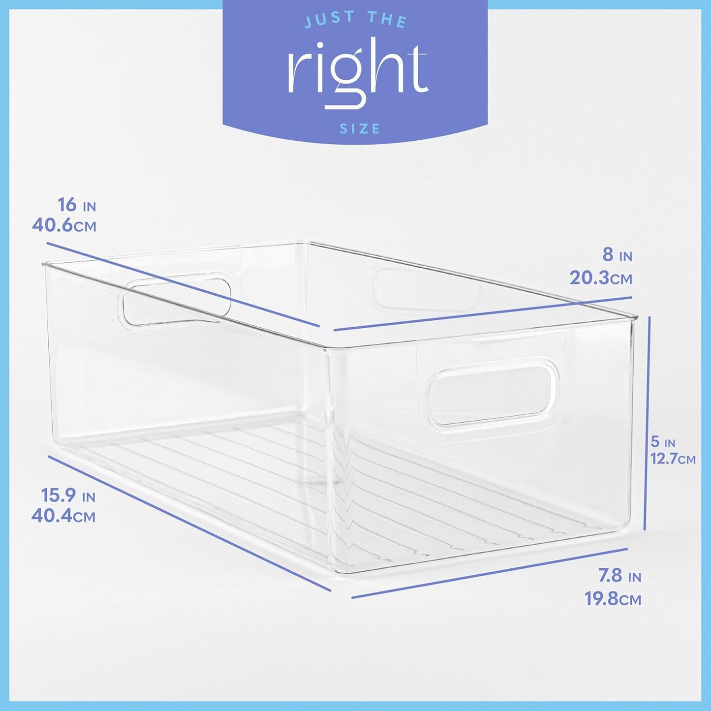 Plastic Food Storage Clear Container Bin with Handles for Organizing Kitchen, Pantry, Refrigerator, Freezer, Pantry, Cabinet, Closet, Bathroom. 16”x8”x5”